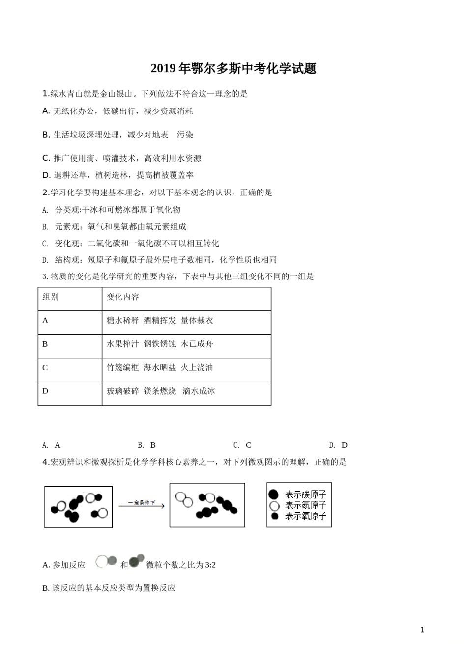 精品解析：内蒙古鄂尔多斯市2019年中考化学试题（原卷版）.doc_第1页