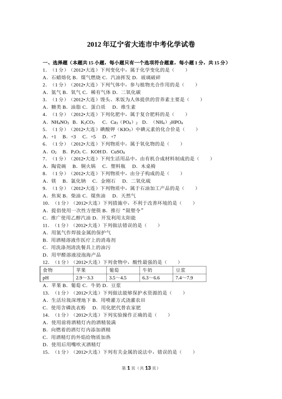 2012年辽宁省大连市中考化学试卷及解析.doc_第1页