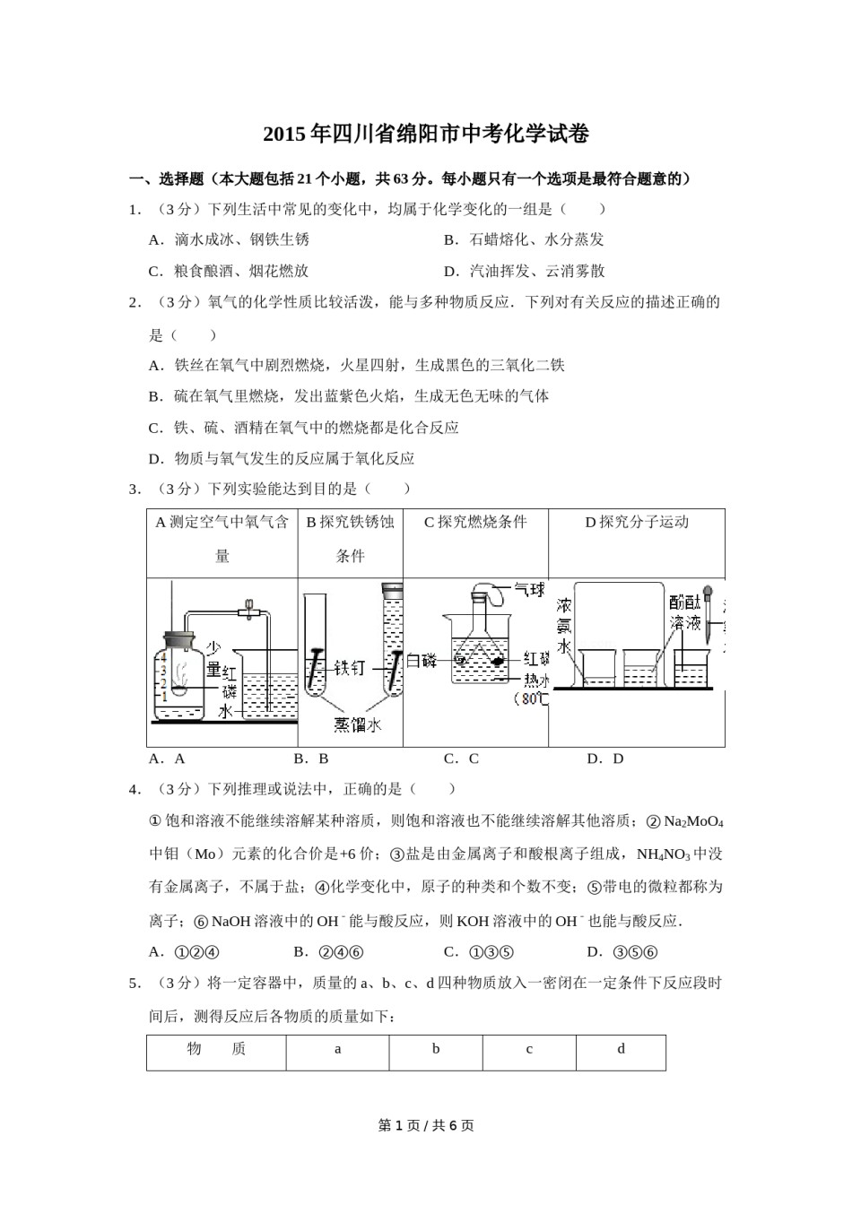 2015年四川省绵阳市中考化学试卷（学生版）  .doc_第1页