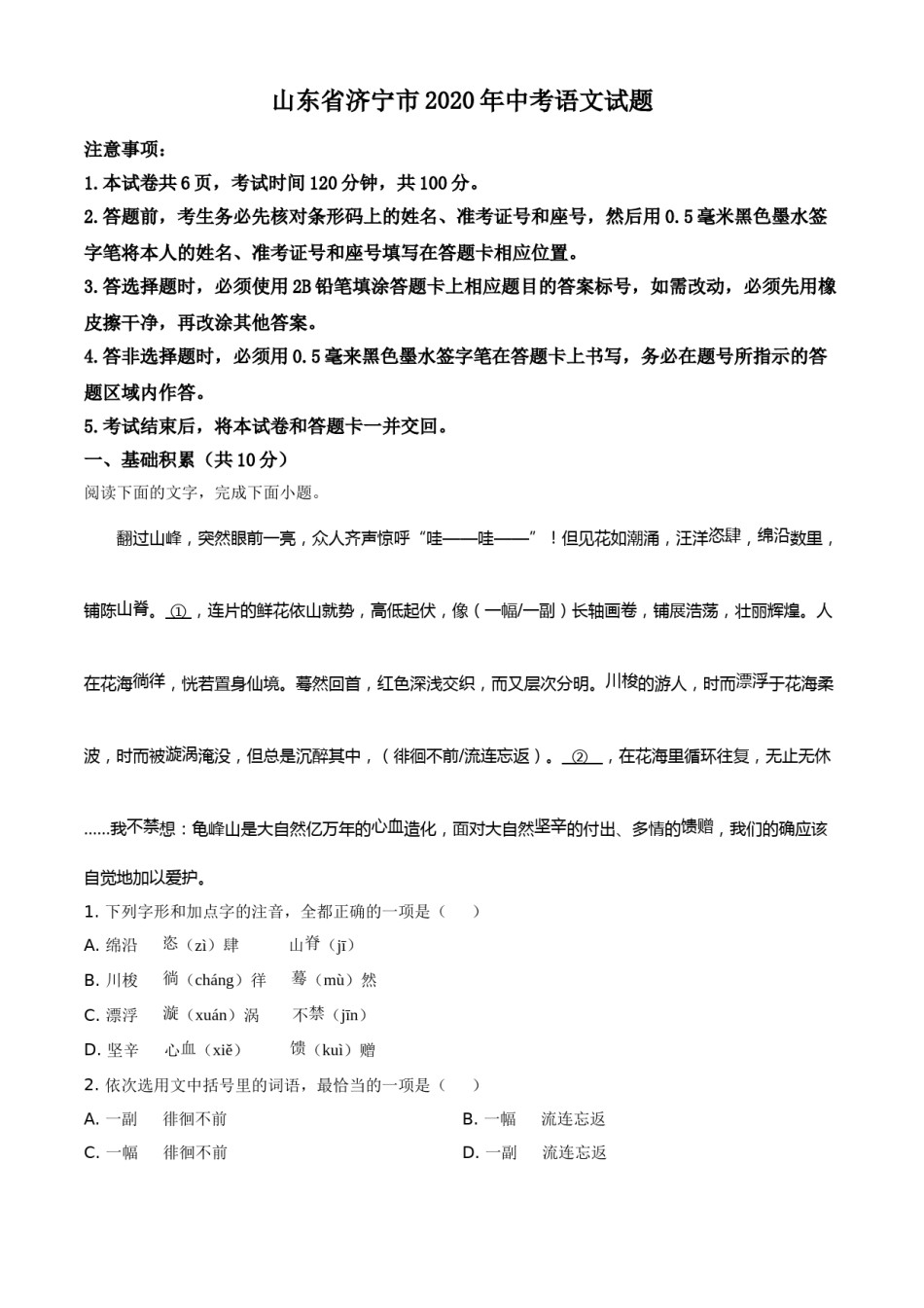 精品解析：山东省济宁市2020年中考语文试题（解析版）.doc_第1页