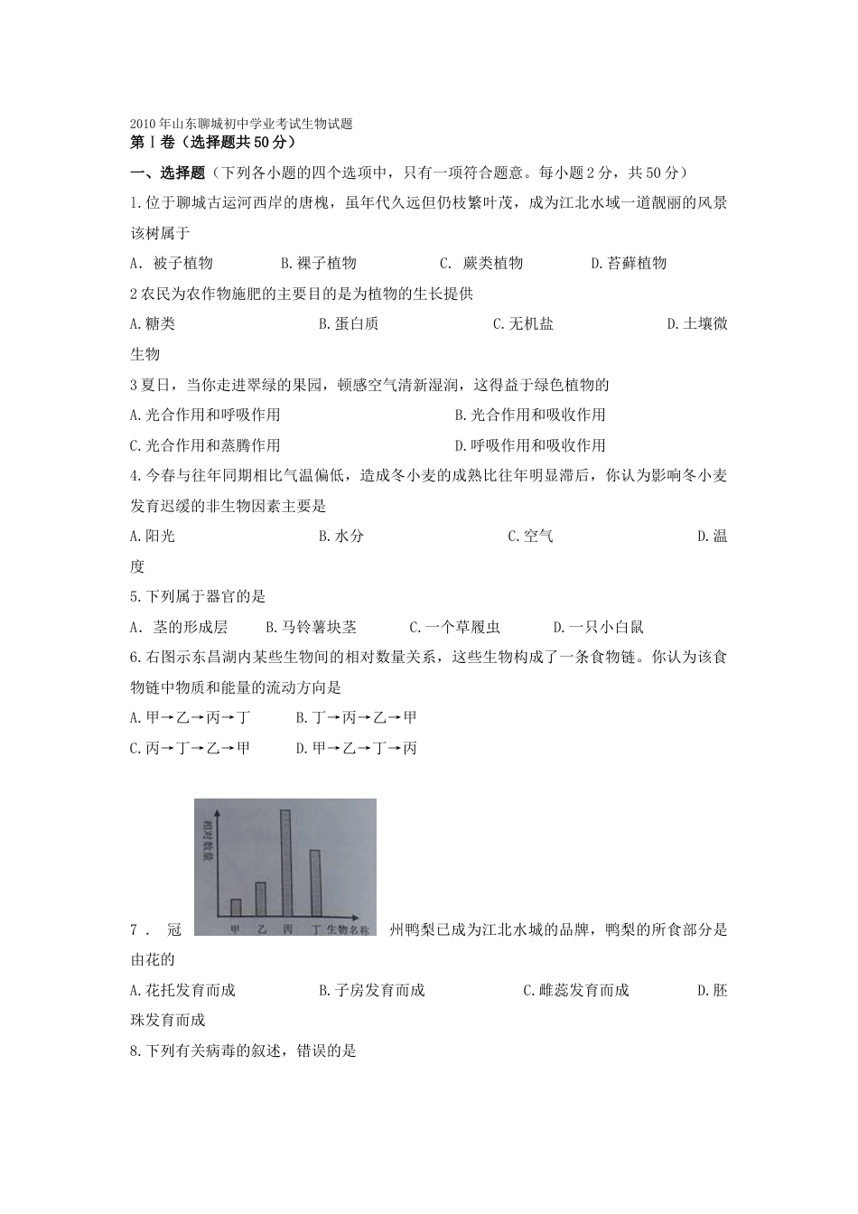 2010年聊城市中考生物试卷及答案.doc_第1页