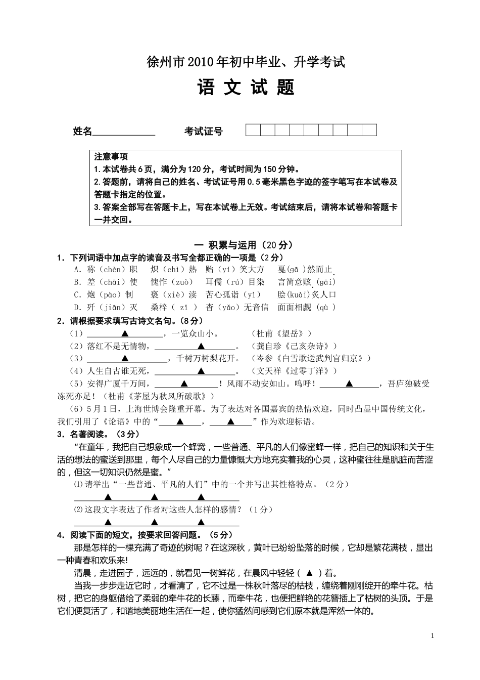 2010年江苏省徐州市中考语文试题及答案.doc_第1页