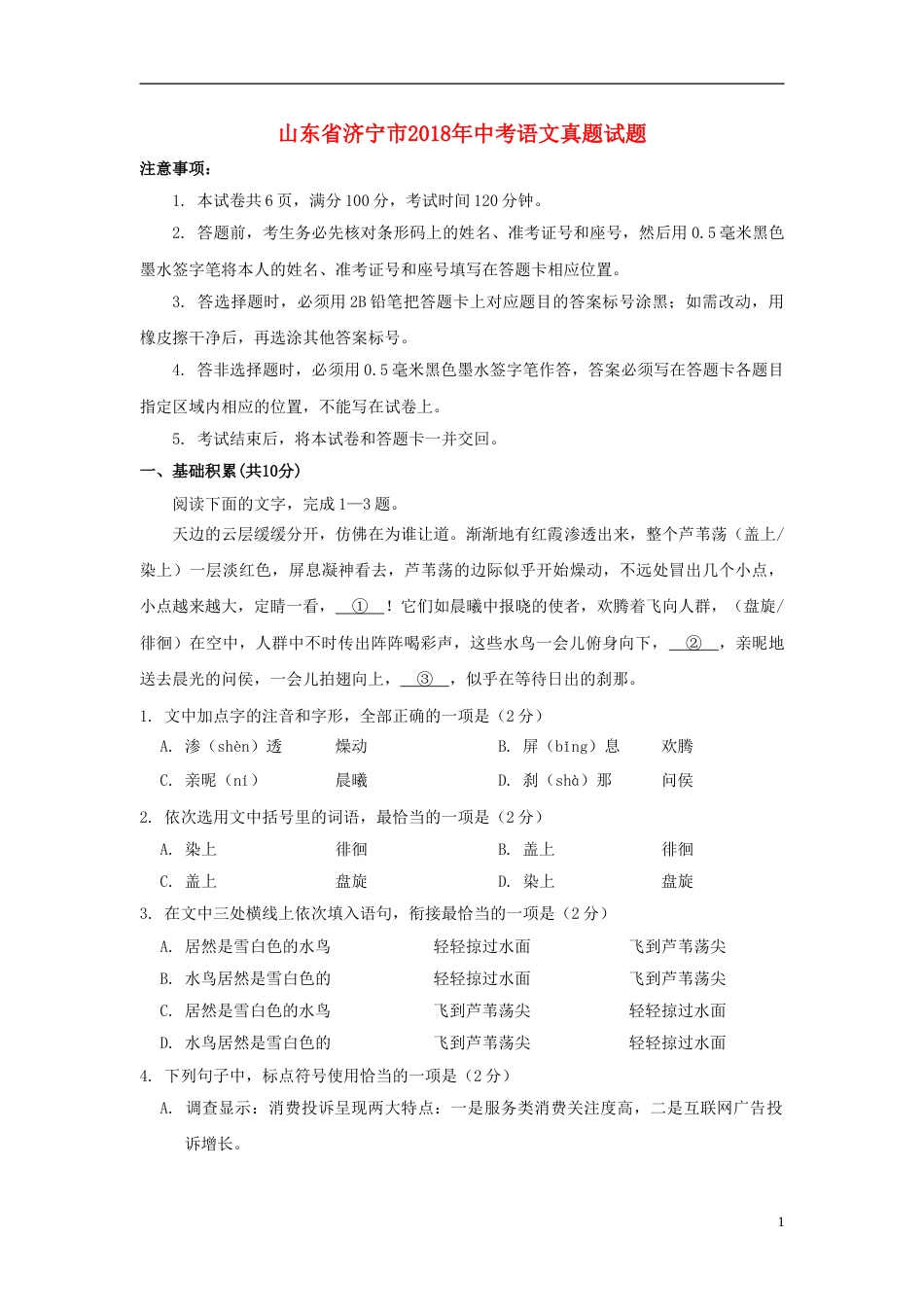 山东省济宁市2018年中考语文真题试题（含答案）.doc_第1页