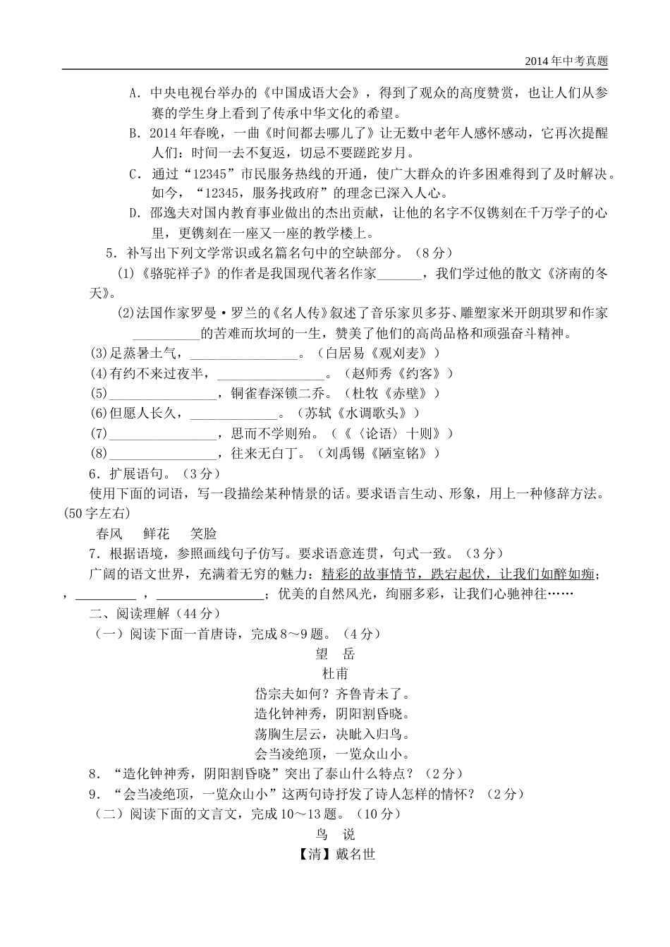 2014年山东省临沂市语文中考试题+答案.doc_第2页