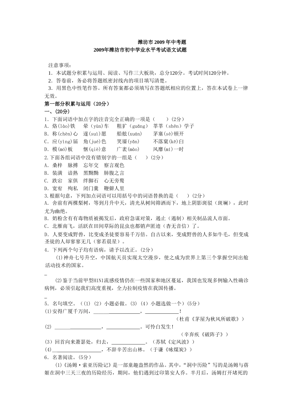 2009年山东省潍坊市中考语文试题及答案.doc_第1页