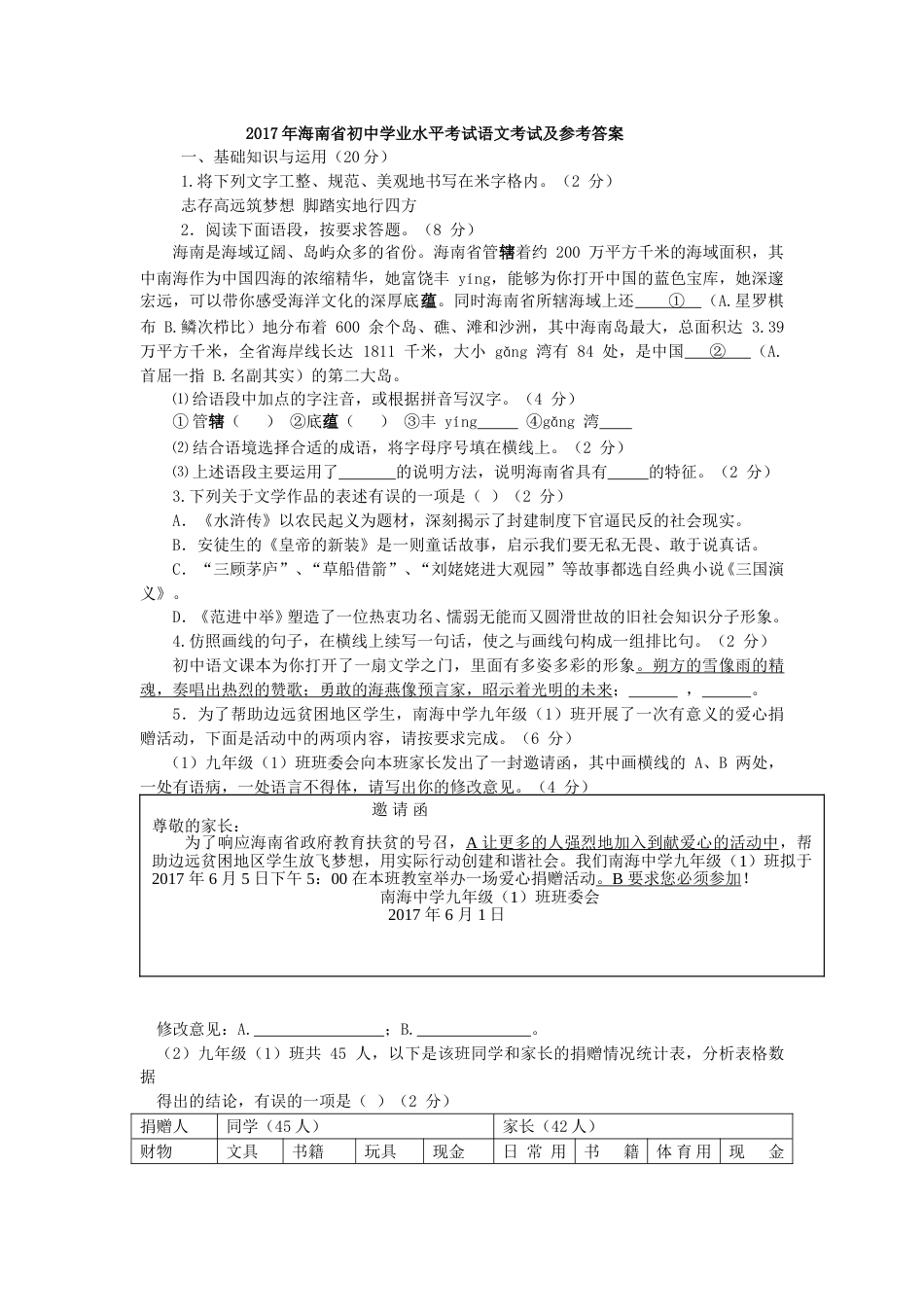 2017年海南省中考语文试题及答案.doc_第1页