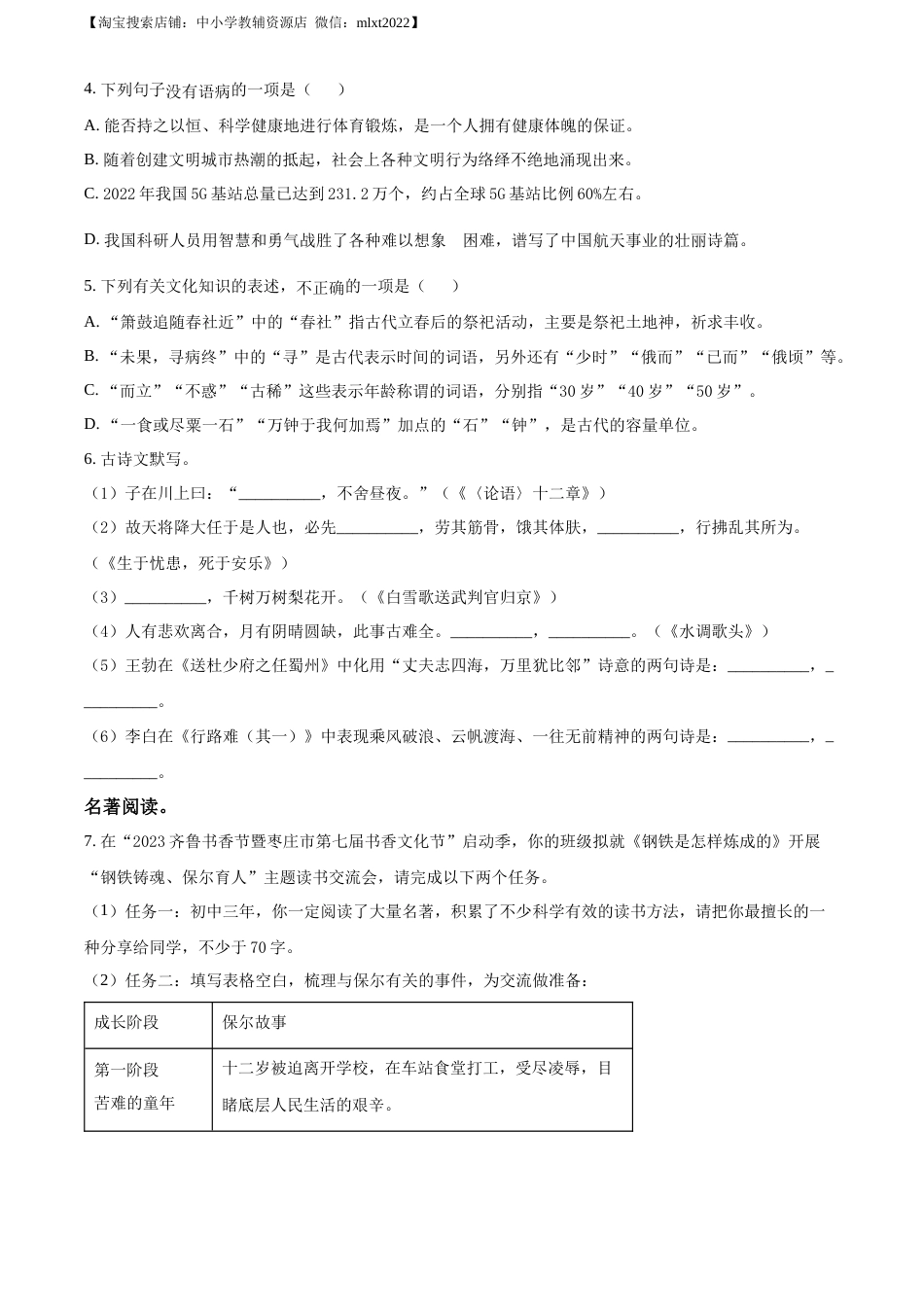 精品解析：2023年山东省枣庄市中考语文真题（原卷版）.docx_第2页