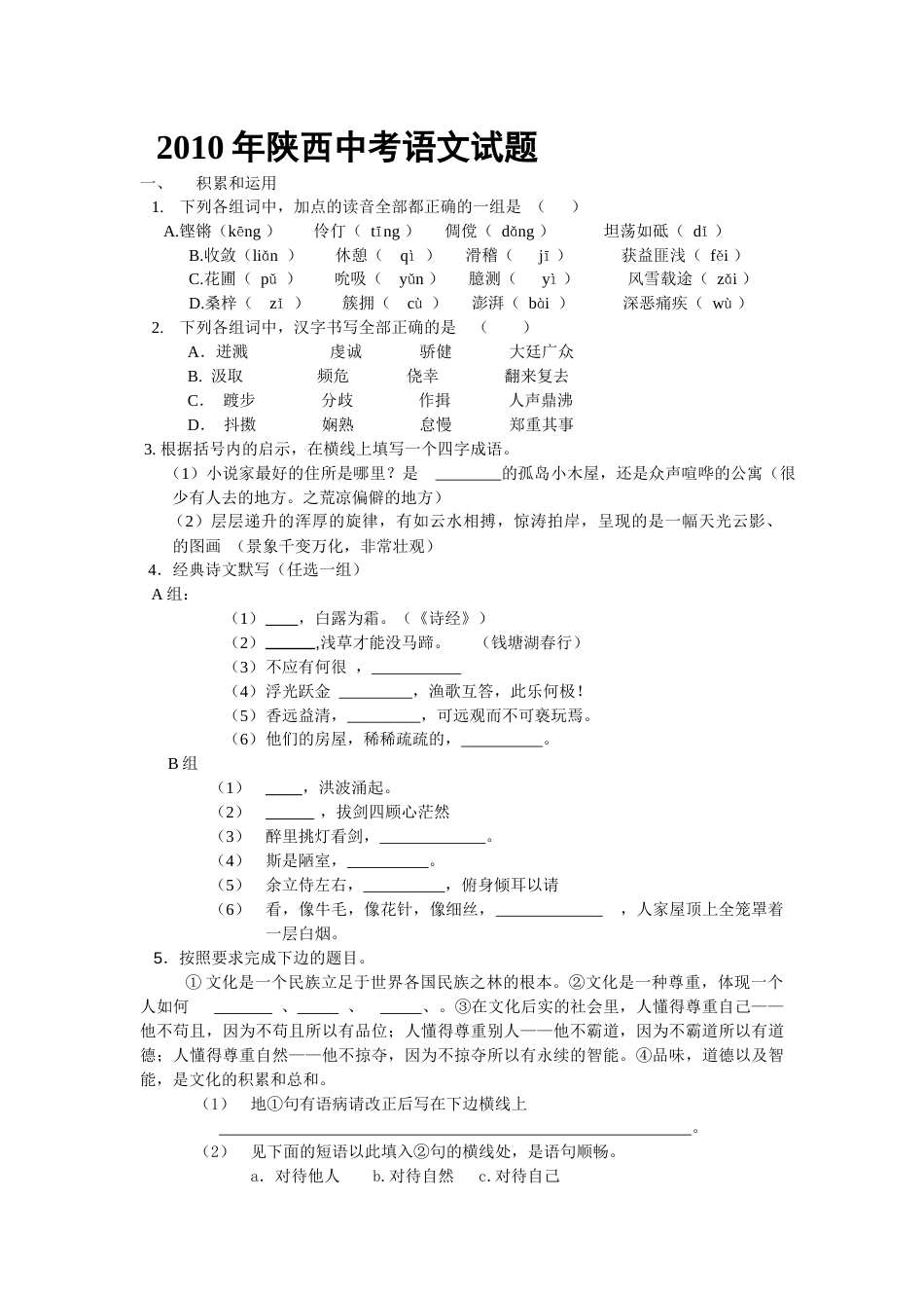 2010年陕西省中考语文试题及答案.docx_第1页