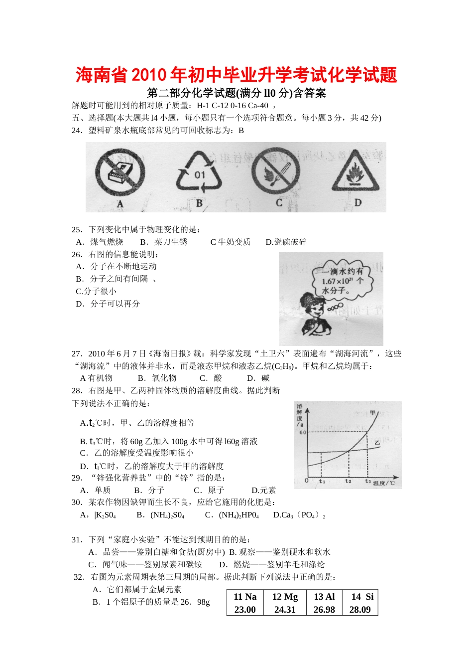 2010年海南中考化学试题及答案.doc_第1页