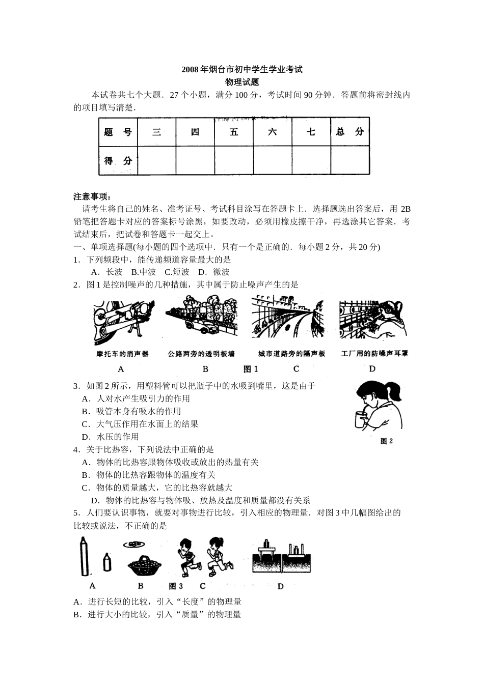 2008年山东省烟台市中考物理试卷及答案.doc_第1页