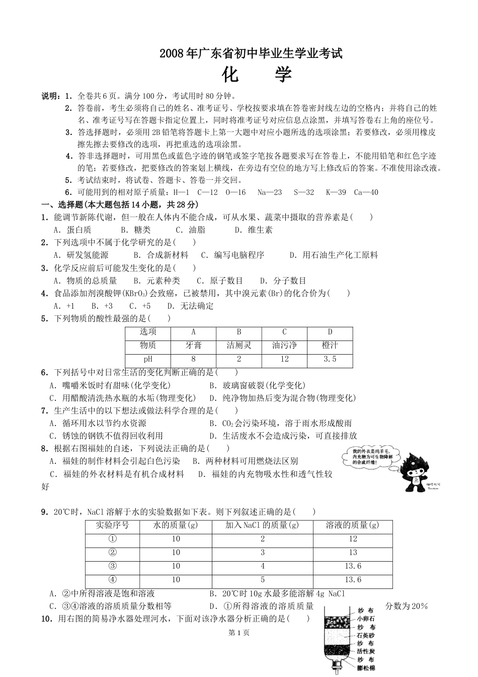 2008年广东省中考化学试题及答案.doc_第1页