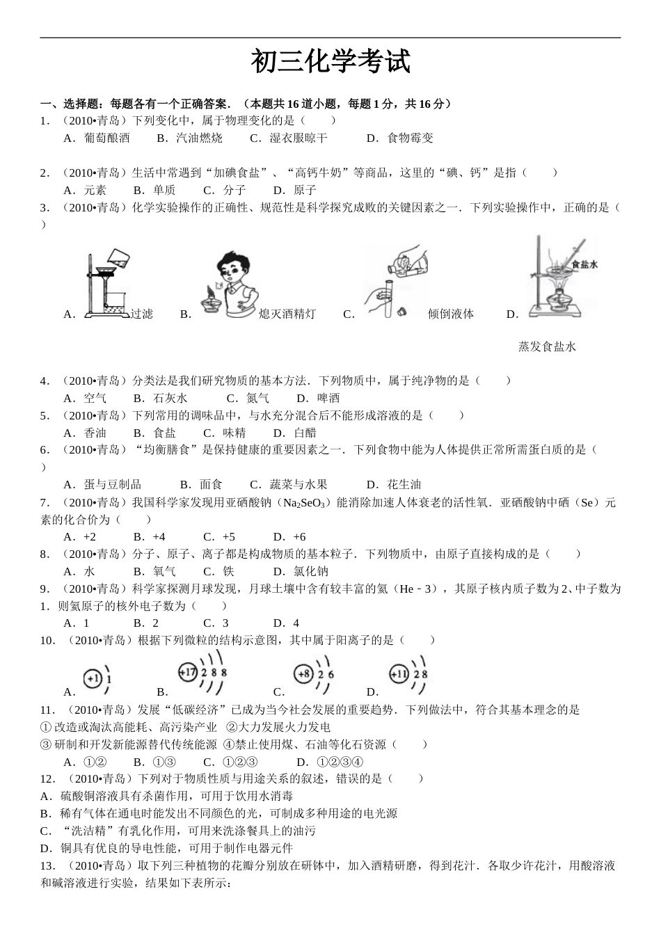 2010年山东省青岛市中考化学试题及答案.doc_第1页